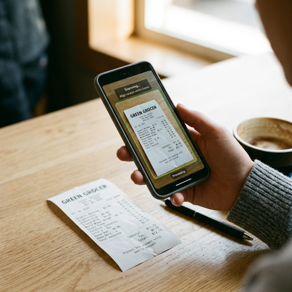 Smartphone scanning a grocery receipt on a wooden table
