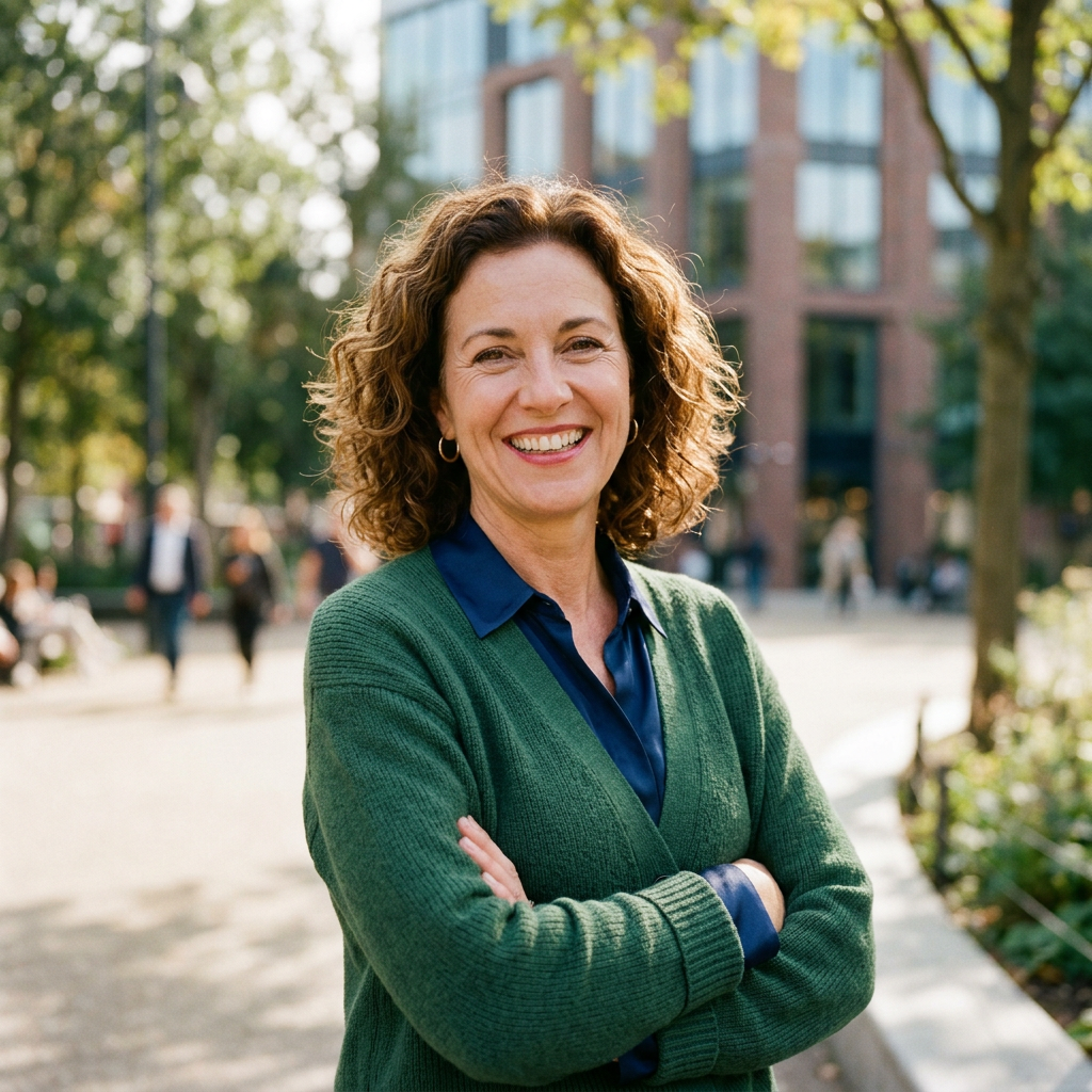 Smiling woman with curly hair wearing green sweater and blue shirt outdoors