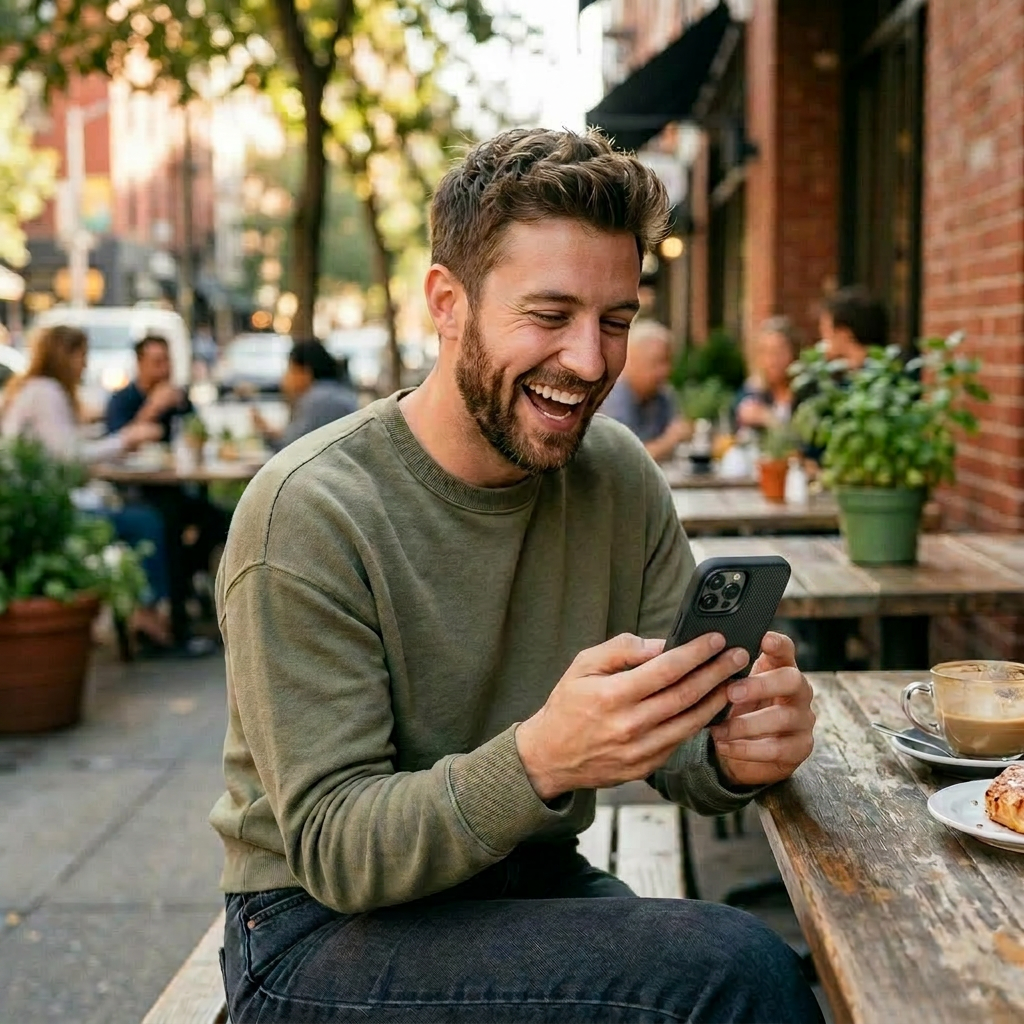 Young woman smiling and using two smartphones at outdoor cafe table